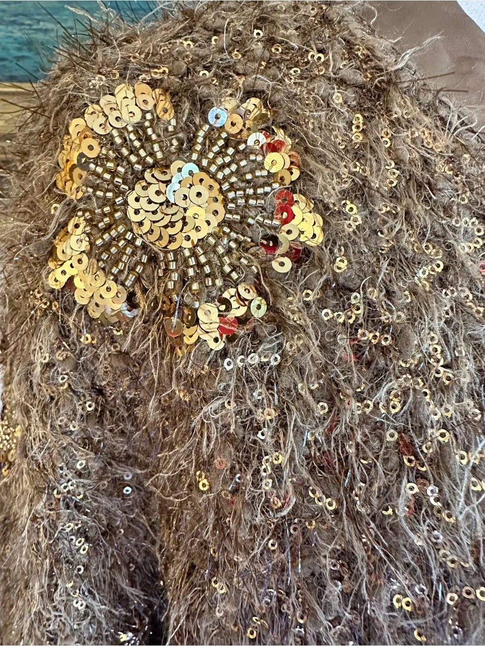 ZARA Brown Gold Fur Sequin Beaded Collarless Jacket